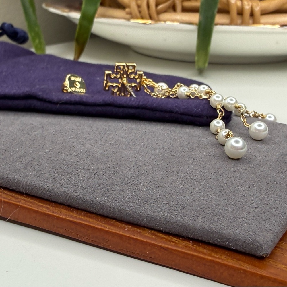 Tory Burch Gold Logo Pearl Tassel Drop Earrings | Statement Dangle - Picture 9 of 12
